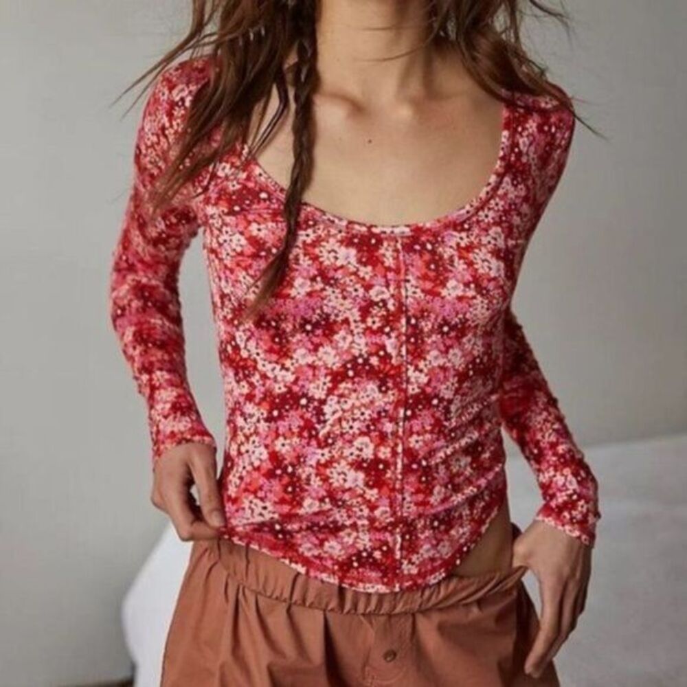 NWOT Free People Coffee Club Scoop Neck Floral Long Sleeve Size M